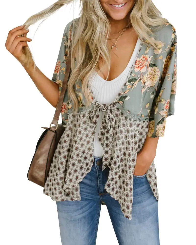 

Women Floral Kimono Cardigans 3/4 Ruffle Sleeve Lightweight Patchwork Flowy Boho Tie Loose Cover Ups