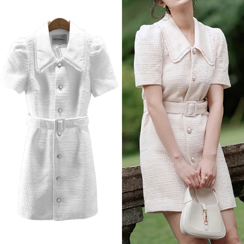 Summer Women Tweed Short-sleeved White Dress with Belt Temperament Fashion Doll Collar Korea High Quality Sweet Short Dresses