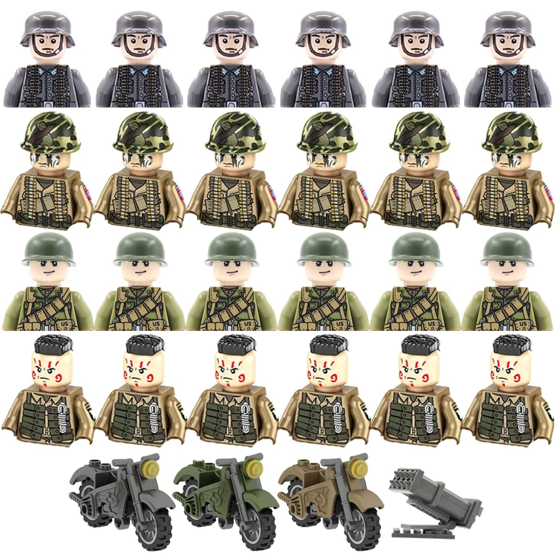 

WW2 Germany Military Building Blocks French Soviet US Army Soldiers Mini Action Figures War Weapon Accessories Bricks Boys Toys