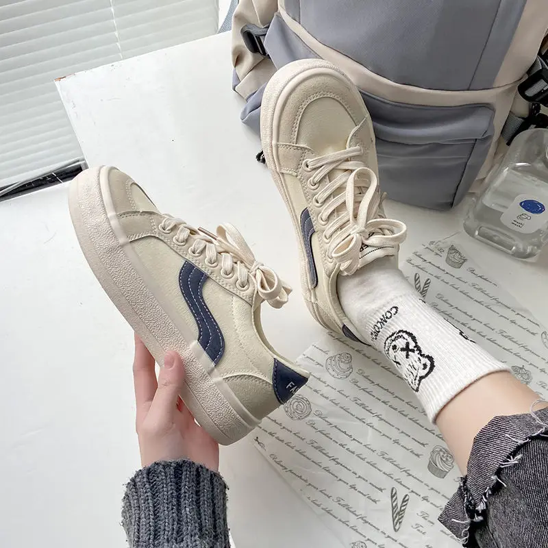 QWEEK Japanese White Platform Flat Women's Sneakers Spring 2022 New Sports Canvas Vulcanize Casual Shoes Korean Tennis Running