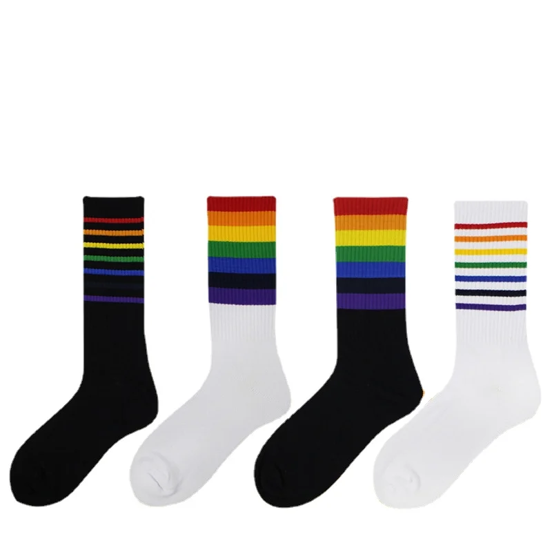 

New Korean Version of College Style Rainbow Stripe Medium Tube Cotton Socks for Men and Women Versatile Long Tube High Top Socks