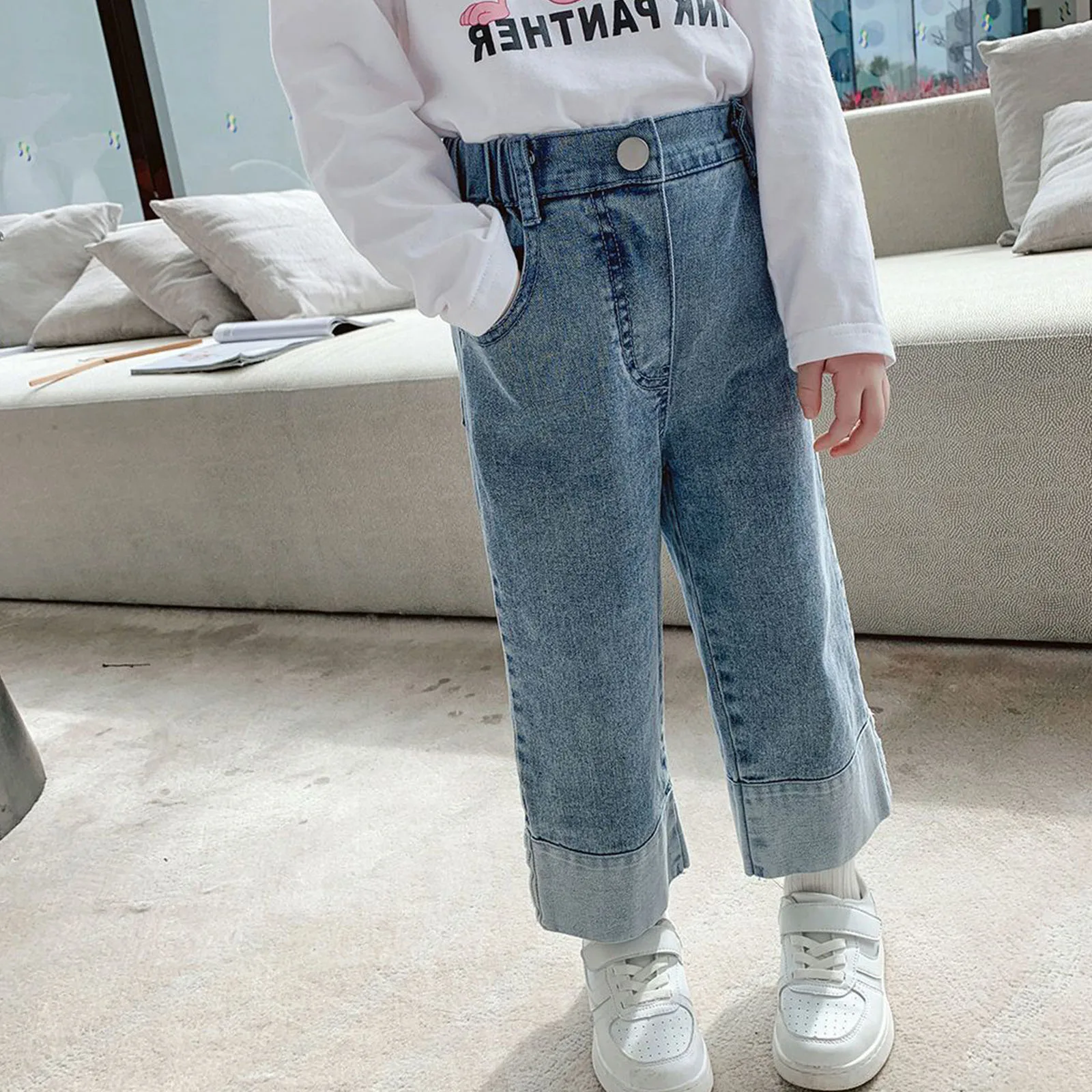 

Girls Solid Wide Leg Jeans Children Fashion Casual Korean Style Jeans Elastic Waistband Denim Pants Spring Autumn Trousers