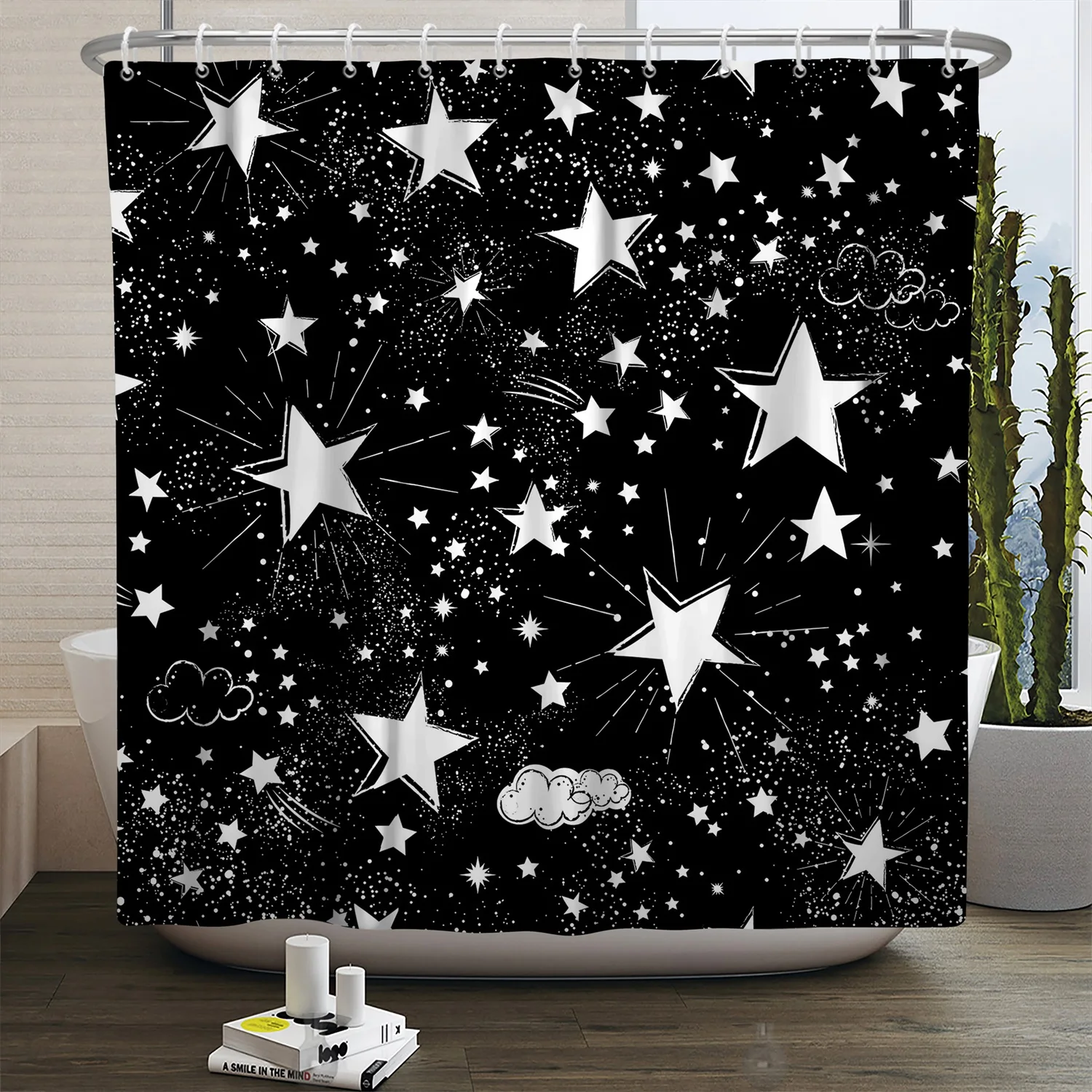 

Black Shower Curtain 3D Print White Stars Bathroom Curtains Frabic Waterproof Polyester 180x180cm Bathroom Curtain With Hooks