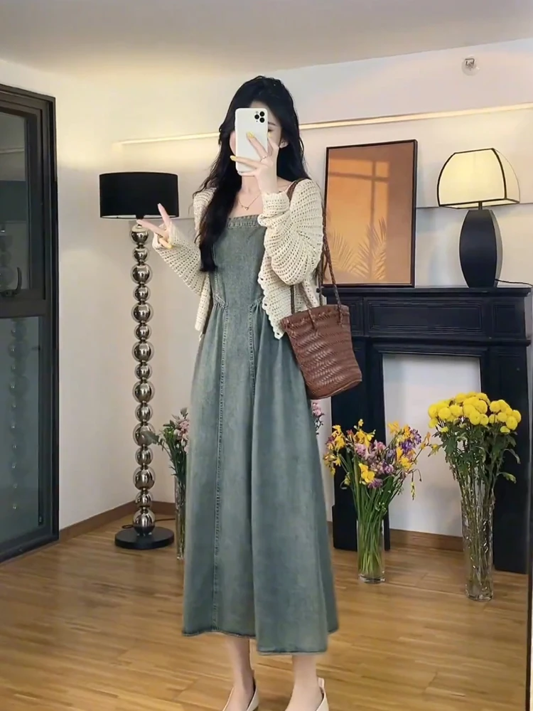 Новинка 2024 летний джинсовый кардиган на бретельках во французском стиле в ретро