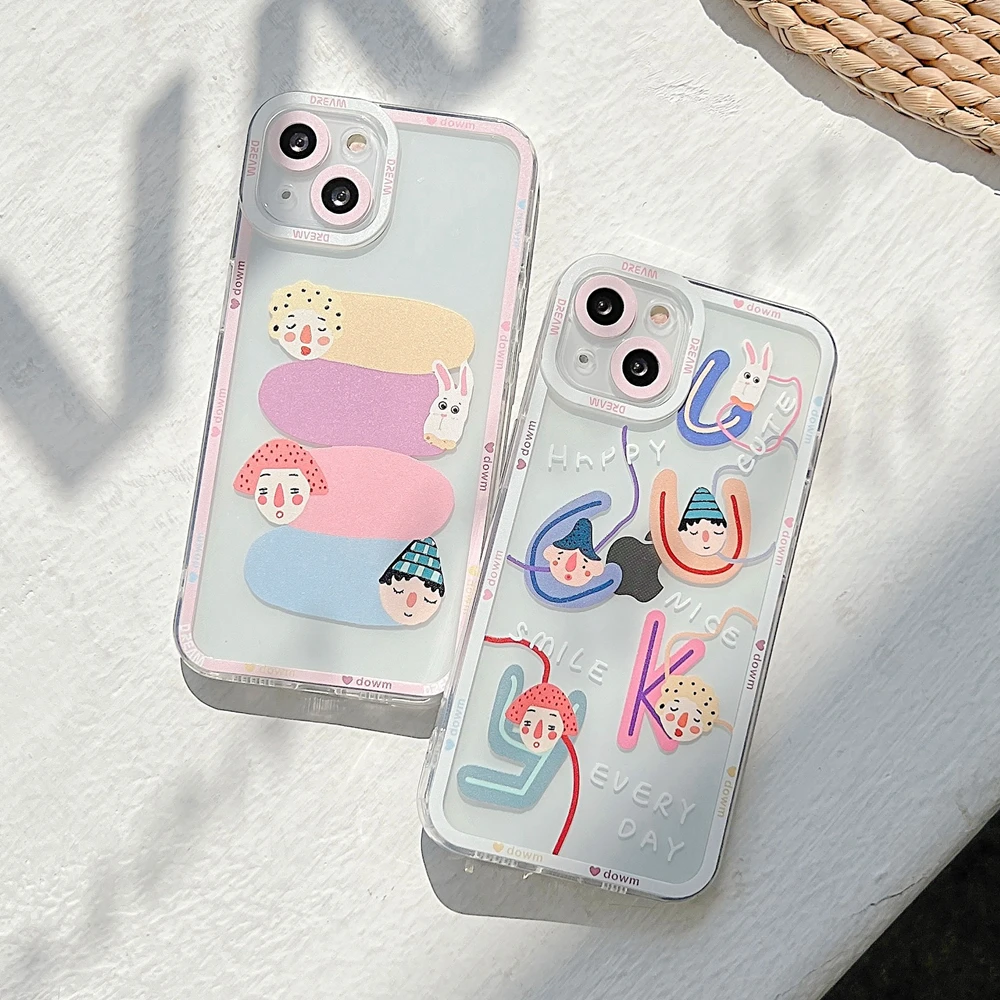 Cartoon Girl Painting Phone Case for iPhone 11 12 13 14 Pro Max X XS XR 7 8 Plus SE 2020 Shockproof Clear Soft Back Cover Shell