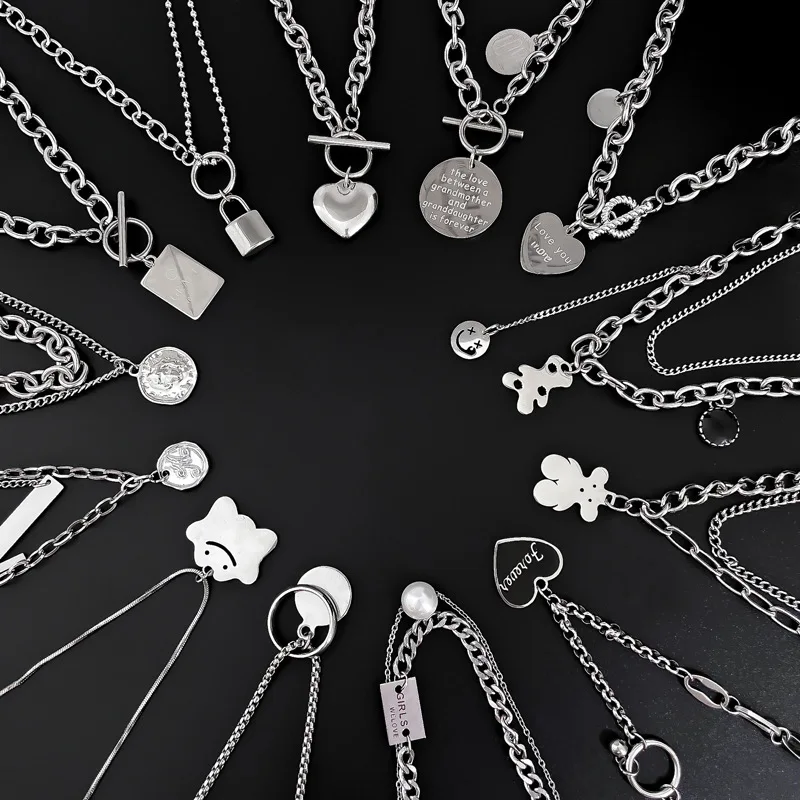 

Stainless Steel Punk Hip Hop Necklace Double OT Clasp Heart Bear Clavicle Chain for Women Party Fashion Jewelry Accessories Sets