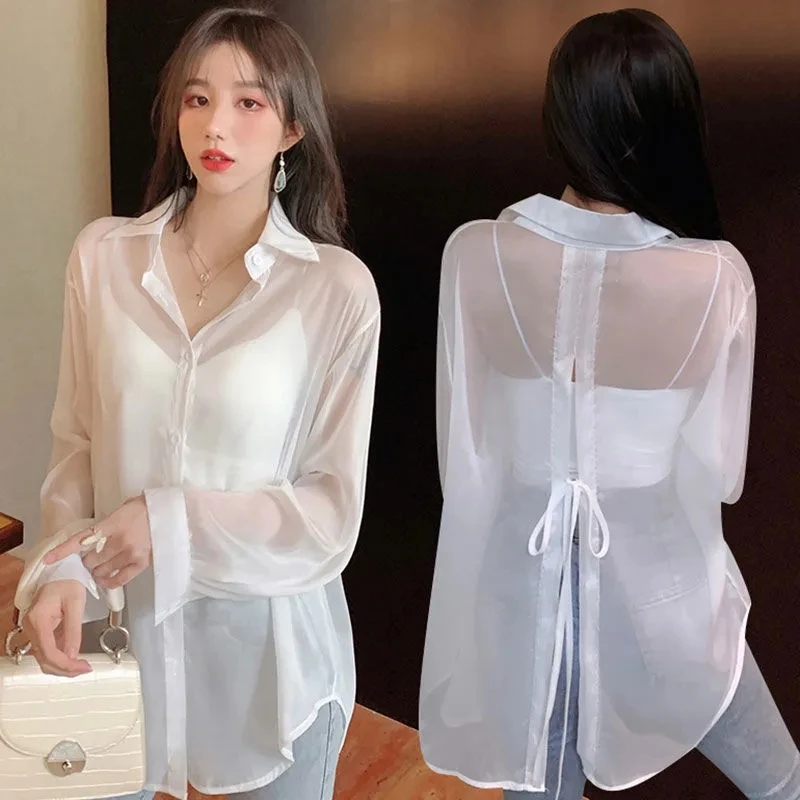 

Sun-protective Shirts Women Summer Girl Fashion Dorsal Frenulum Semi-transparent Sexy Loose Blouse Reflect Light Thin Tops Y2K