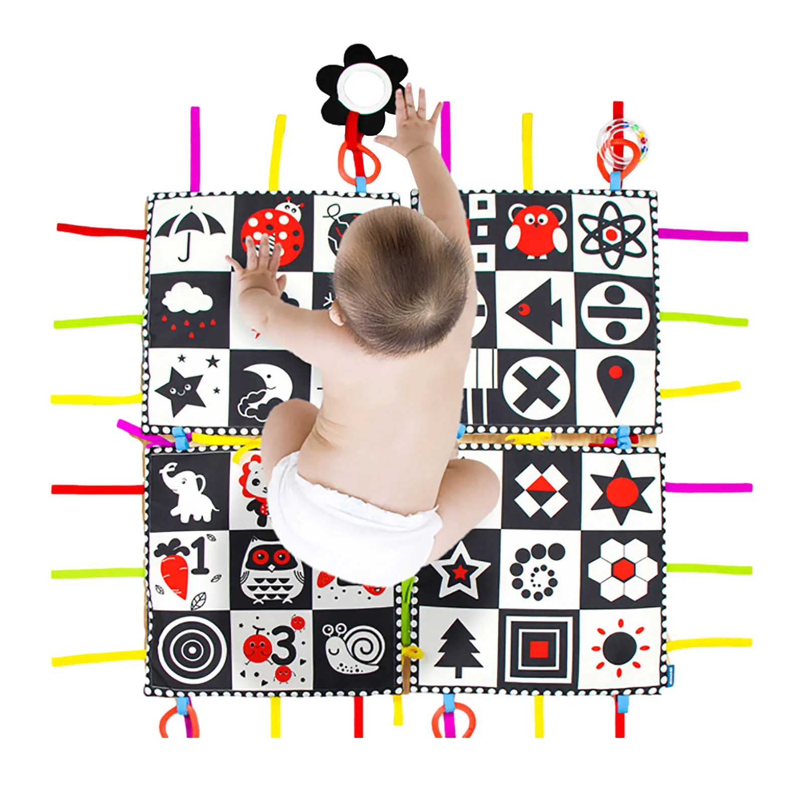 

Игрушки для детей 0-3 месяцев Tummy Time, черно-белая детская игрушка с прорезывателем и зеркалами, черный и белый сенсорный коврик для младенцев
