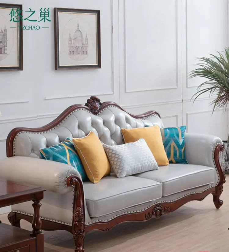 

European leather leather Napa leather sofa combination living room American light luxury solid wood carved sofa modern simplicit