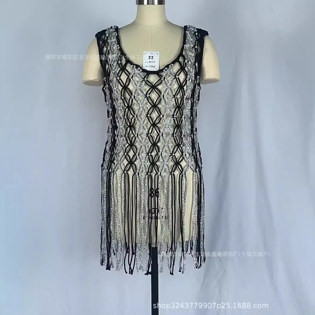 8633 сексуальный женский богемный жилет с кисточками и вырезом черный серебристый