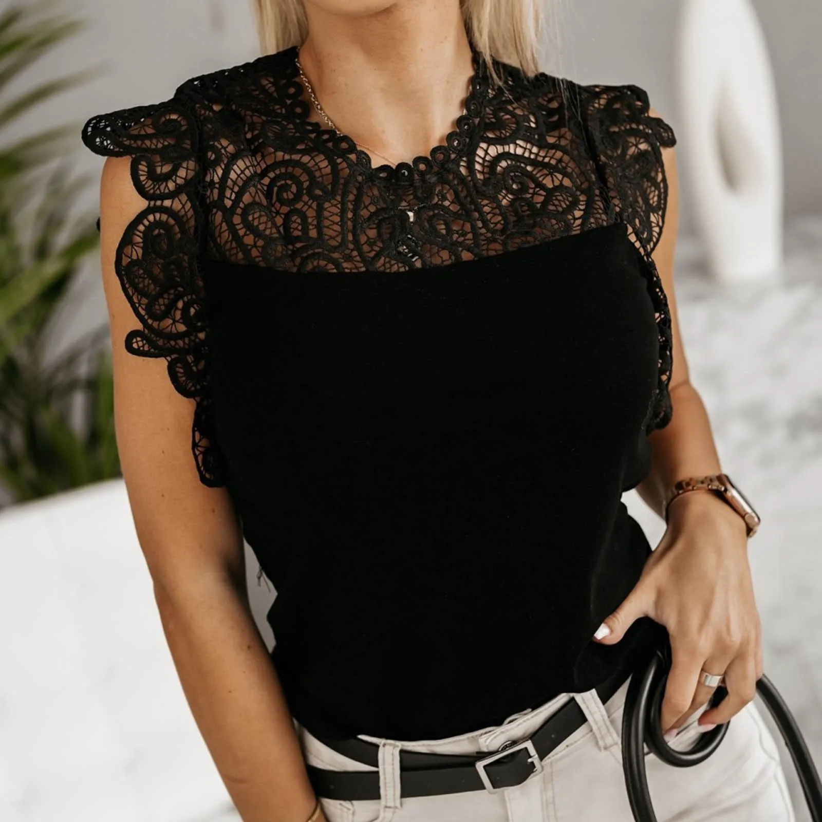 

Women'S Shirts Summer Sweet Lace Sleeveless Pure Color Blouses Transparent Asymmetrical Office Pullover Embroidery Camisas