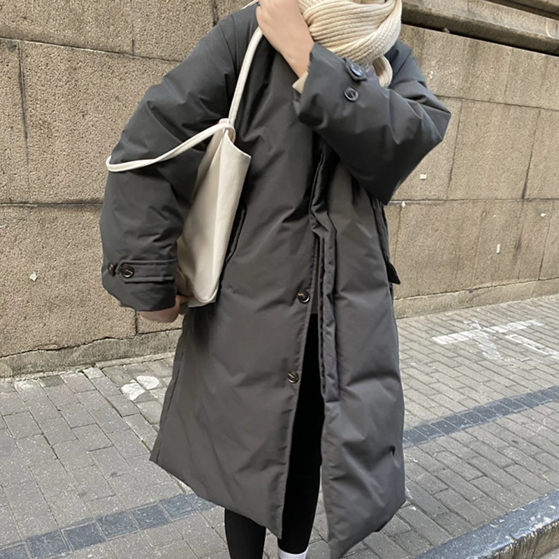 Vintage Turndown Collar Long Jackets Women Winter Thicken Harajuku Mid-length Cotton Parkas Oversized Casual Female Coats