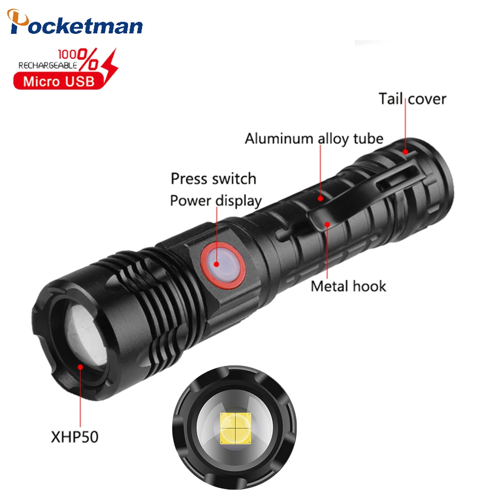 

Xhp50 Led Flashlight 5-mode Telescopic Zoom Lanterna Ultra Powerful USB Rechargeable by 18650 Battery Outdoor Camping Torch