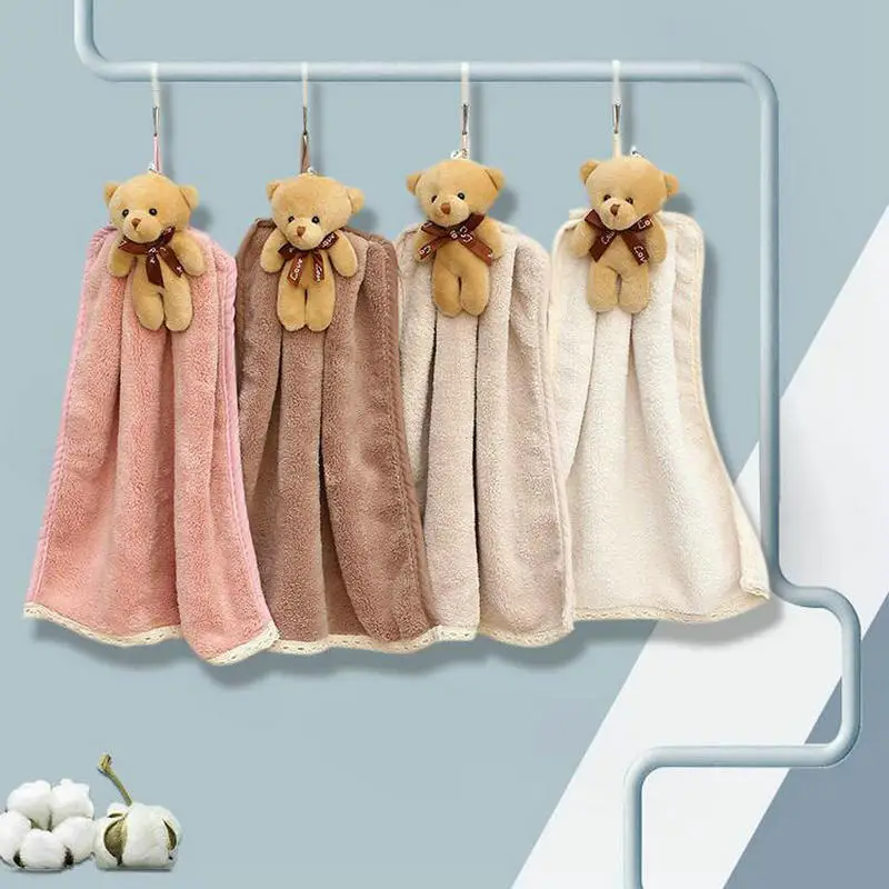 

Quick-Dry Hand Towel Cute Bear Coral Fleece Holdable Kitchen Toilet Towel Absorbent Wipe Plush Hand Towel Bathroom Hanging Towel