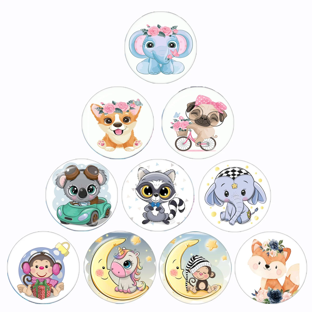 

Cartoon Animals Fox Elephant Dog Pattern 10pcs 12mm/16mm/18mm/20mm/25mm/30mm Round Photo Glass Cabochon Demo Flat Back Making Fi