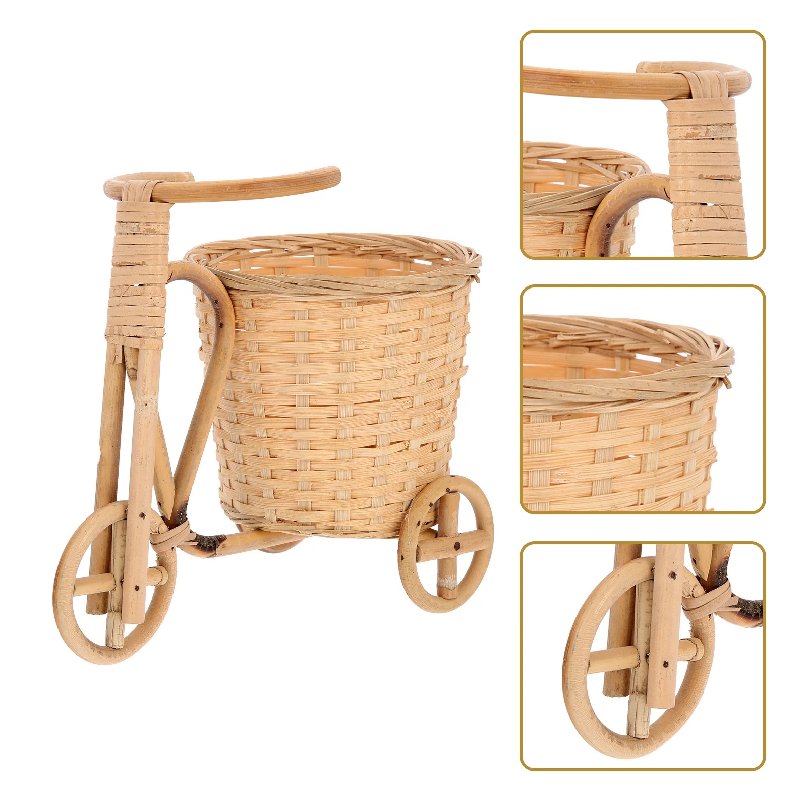 

Flower Basket Tricycle Woven Plant Stand Planter Baskets Cart Rattan Pot Wicker Fruit Holder Display Vase Bucket Craft Bowl Pen