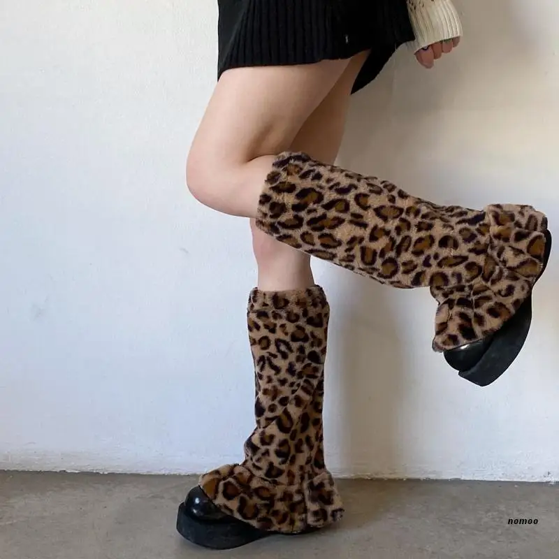 Women Harajuku Winter Plush Leg Warmers Gothic Punk Vintage Leopard Animal Print Foot Cover Baggy Loose Ruffled Knee Sleeve