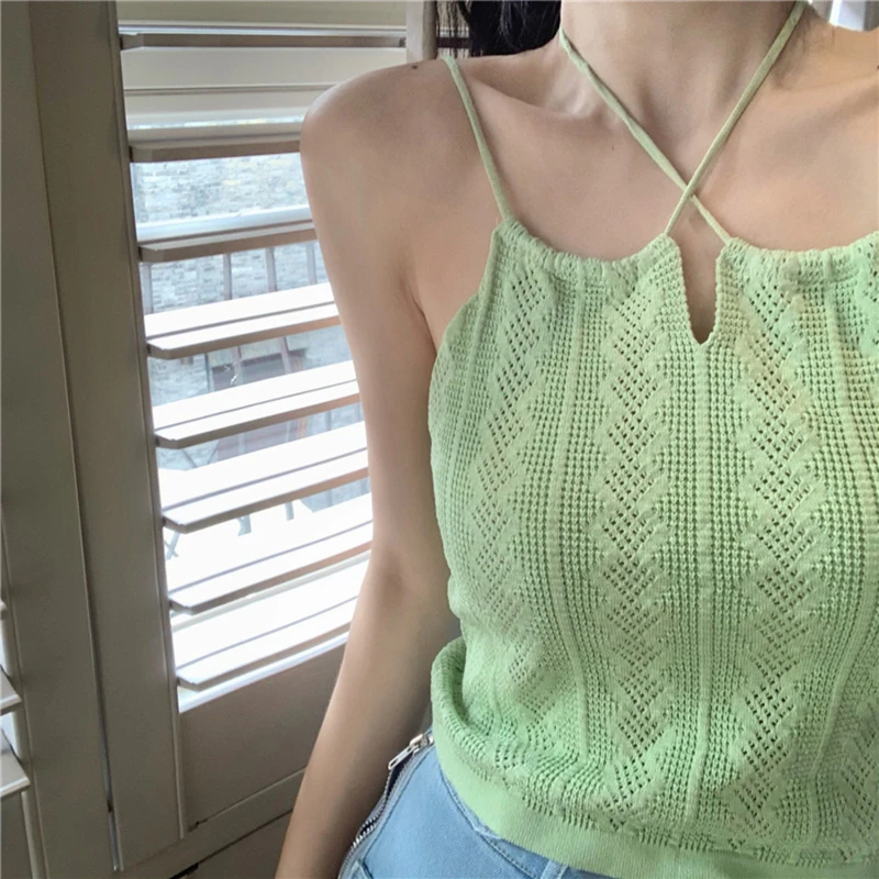

Solid Colour Halter Sweet Slim Tank Tops Women Summer Sexy Knitted Camisole Personality Sexy Knitted Camisole
