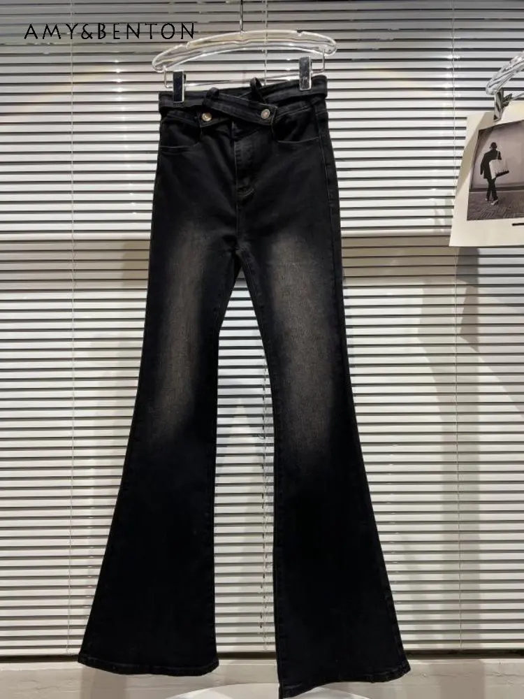 

Autumn New Cross Hollow-out Belt Denim Flare Pants for Ladies Distressed Washed Micro-Pull Jeans Women's Fashion New Jeans