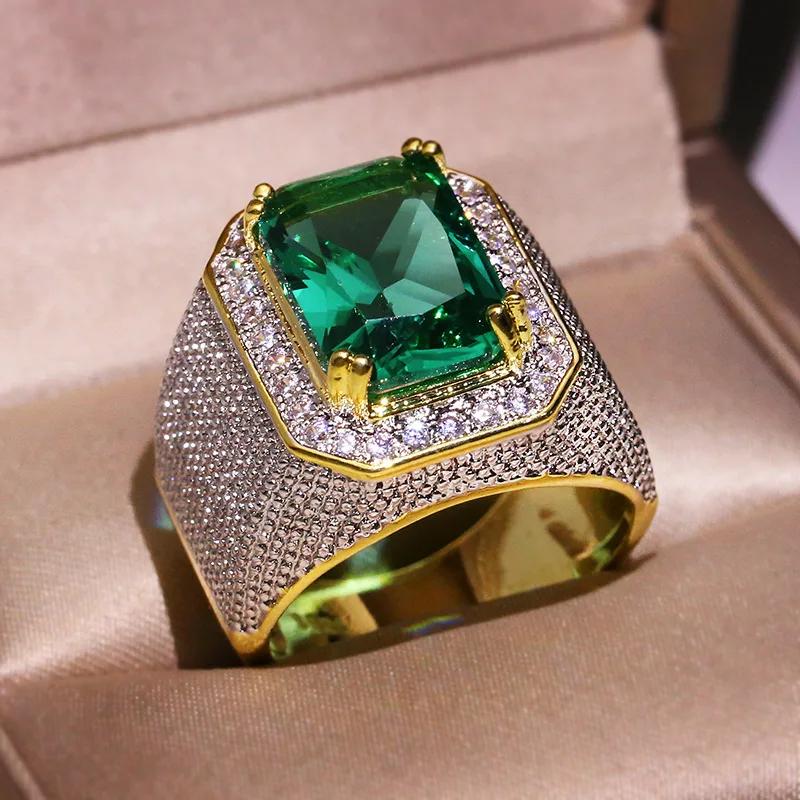 

Vintage Silver Plate Big Rectangle Green Crystal Zircon Wedding Rings For Men Women Fashion Yellow Gold Filled Birthstone Gifts