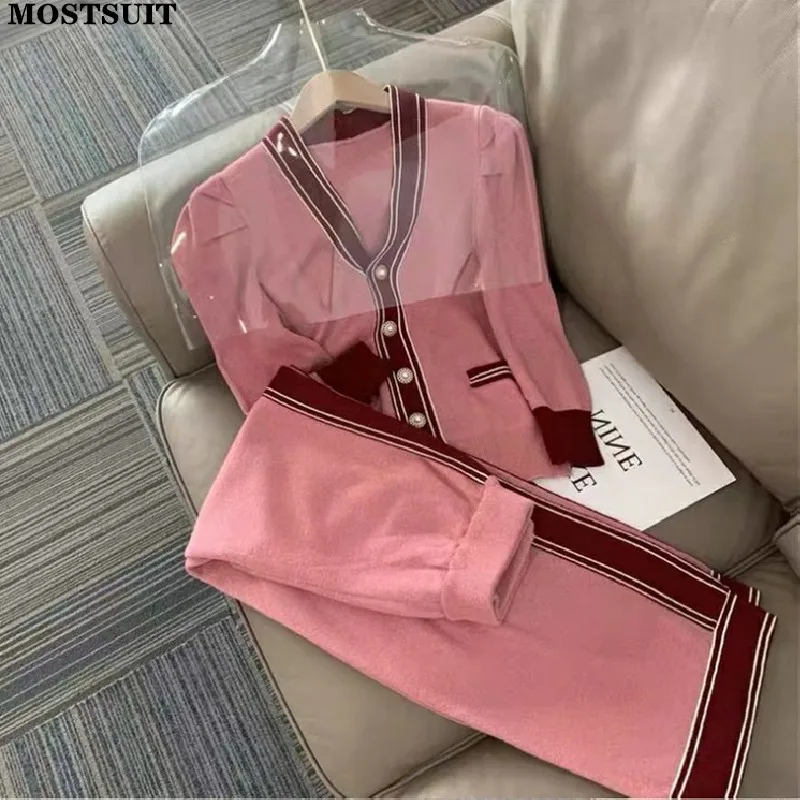 

Pink Vintage Knitted Two Piece Pant Suit Set Women 2022 Autumn V-neck Cardigan + Wide Leg Pant Chic Elegant Casual Tracksuit Set