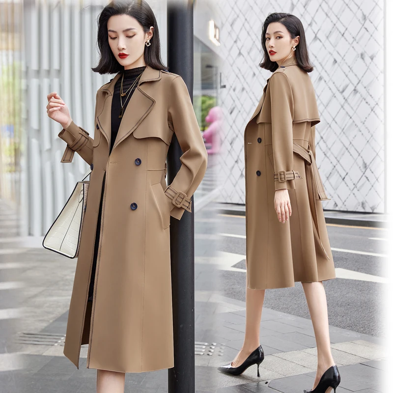 

Autumn Winter Korean Women Black Trench Blazer Coat Elegant Double Breasted Lengthened Khaki Jacket Lapel Windbreaker Female