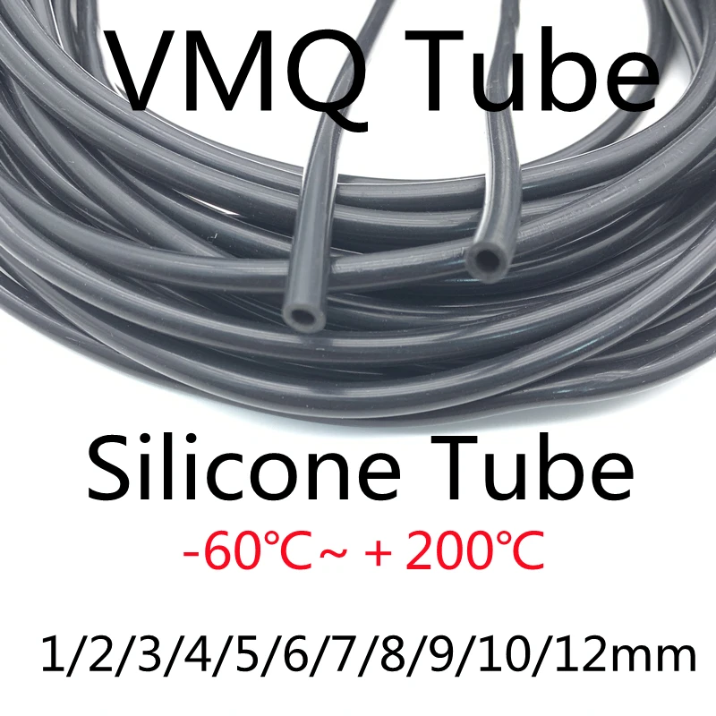 1Meter -60 ~200 DegrHeat Resistant I.D 2~19mm Black Flexible Silica Gel Pipe Aquarium Air Pump Soft Rubber Silicone Hose