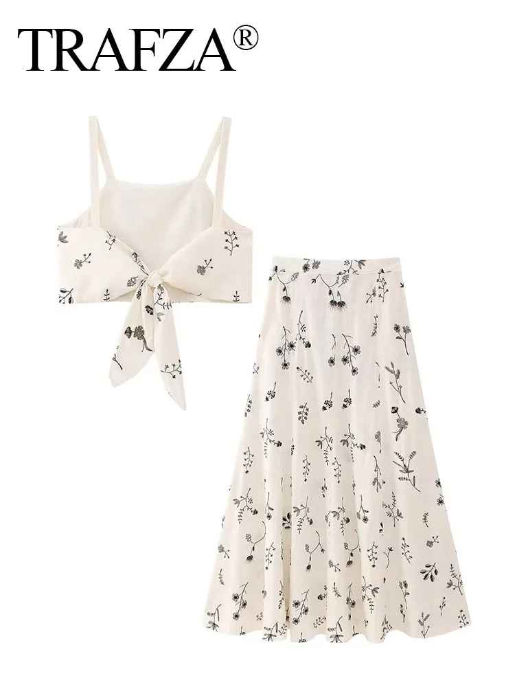 TRAFZA Women 2023 Summer Skirt Suits Printed Sleeveless Backless Crop Camis And Drawstring A-Line Skirt 2 Pieces Set For Women
