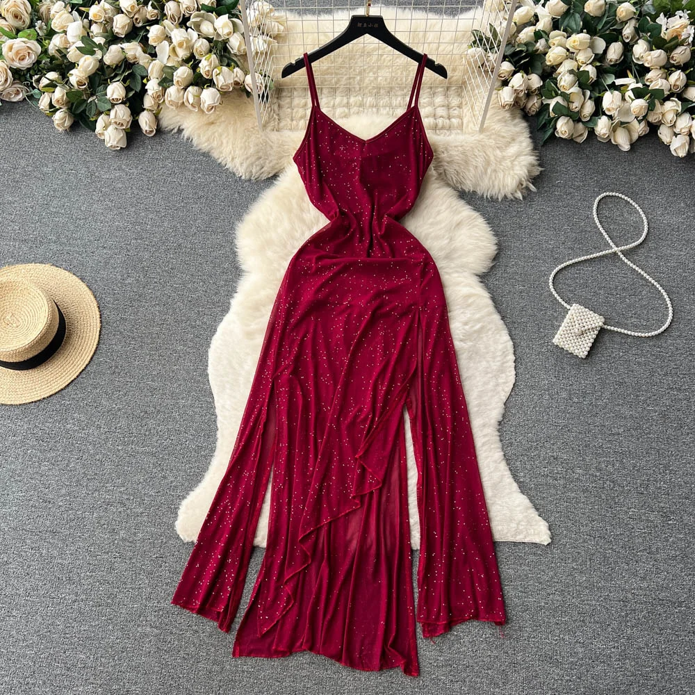 

Foamlina Sexy Sparkling Sequins Strap Dress Women Summer Fashion V Neck Sleeveless Backless Split Ruffles Irregular Long Dress