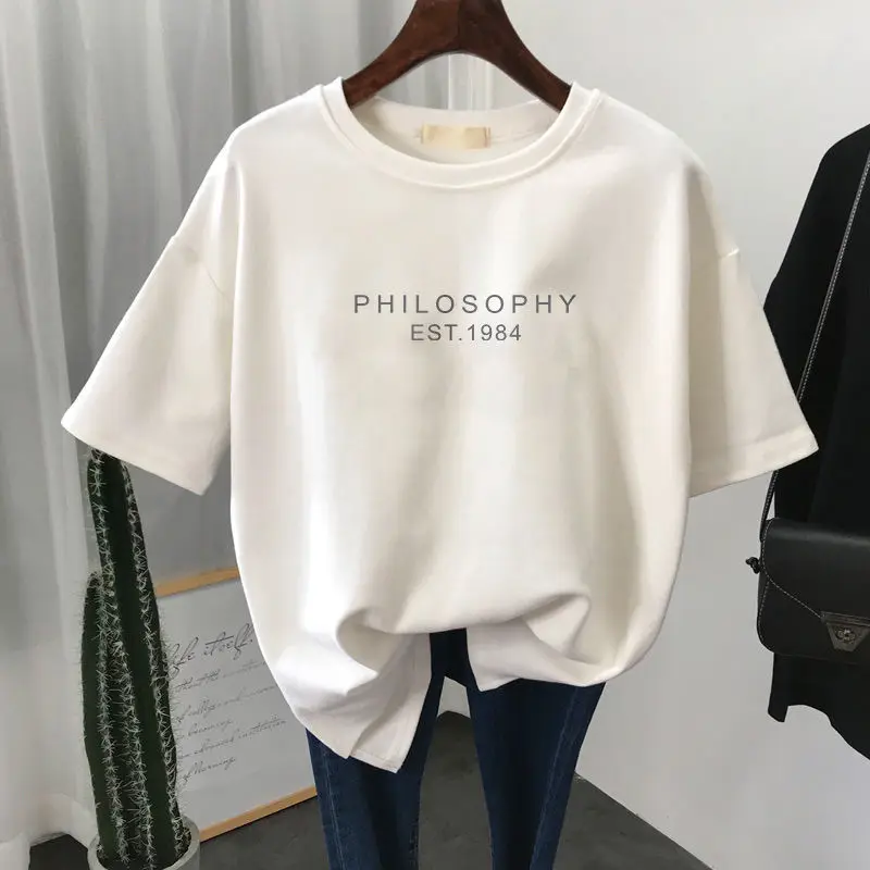 

DAYIFUN Cotton Off White Plus Size T-shirt Short-sleeve Loose Fashion Women Blouses 2022 New Summer Korean Tops Female Clothing