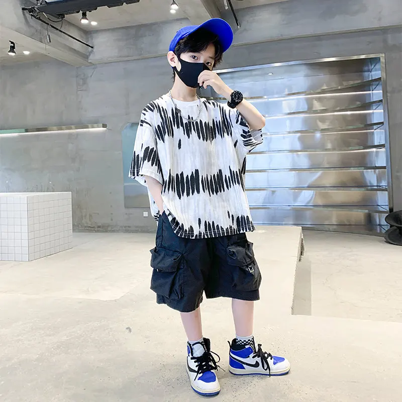 New Boys Short Sleeve Tie-Dye Tshirt+Shorts Summer Sports Suit for Kids Sets Children's Fashion Two Piece Clothes 6 8 12 14 Ages