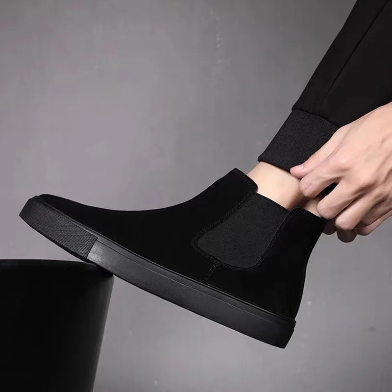 

British style men fashion chelsea boots party banquet dress black trend flats shoes cow suede leather boot handsome ankle botas