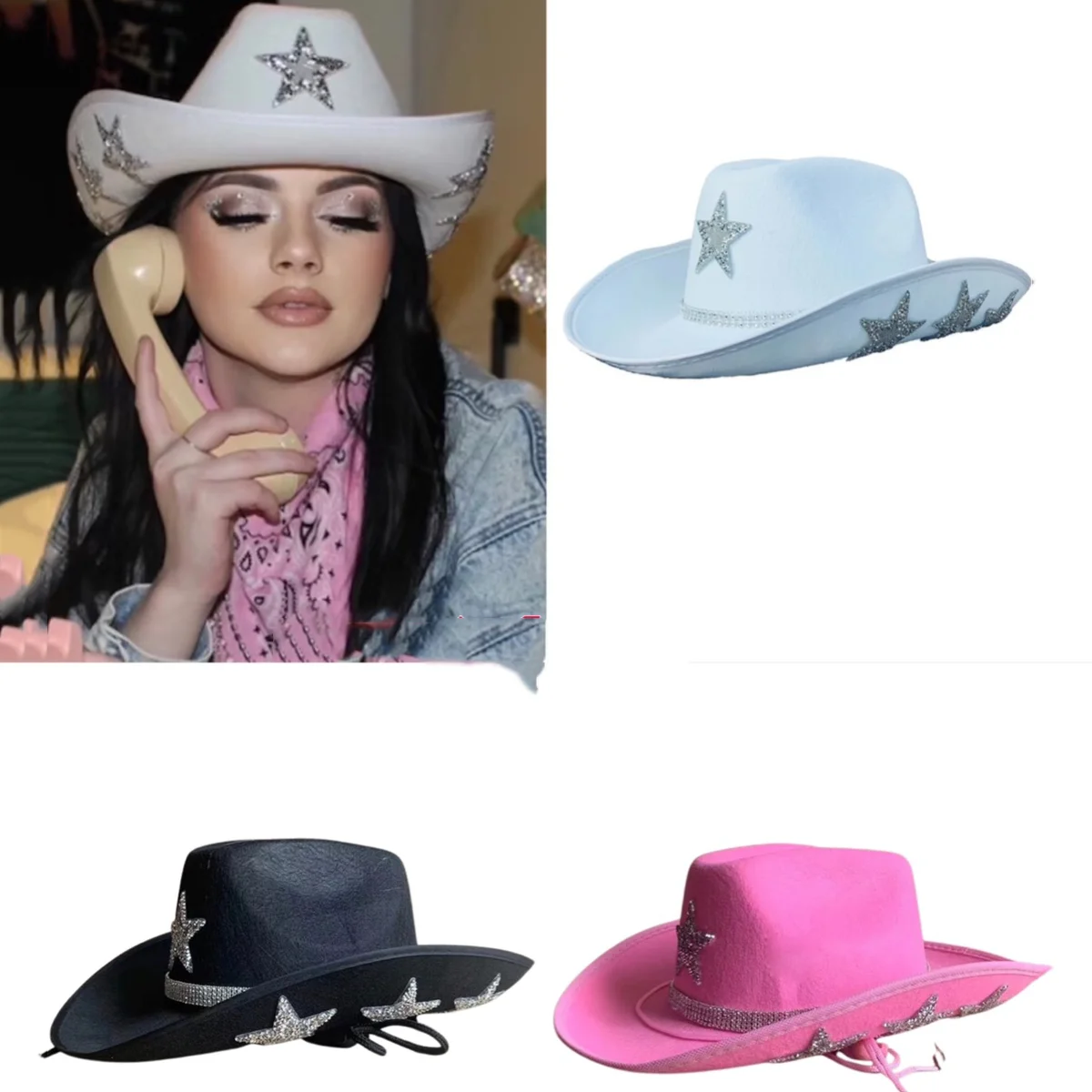 

Pentagram Cowboy Cowgirl Hat American Ladies Diamond Bright Star White Bridal Party Fashion Hat Cosplay Party Play Dress Up