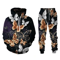 2022 autumn women and men hooded sweatshirt pants two piece set 3d butterfly print female sportswear plus size tracksuit men