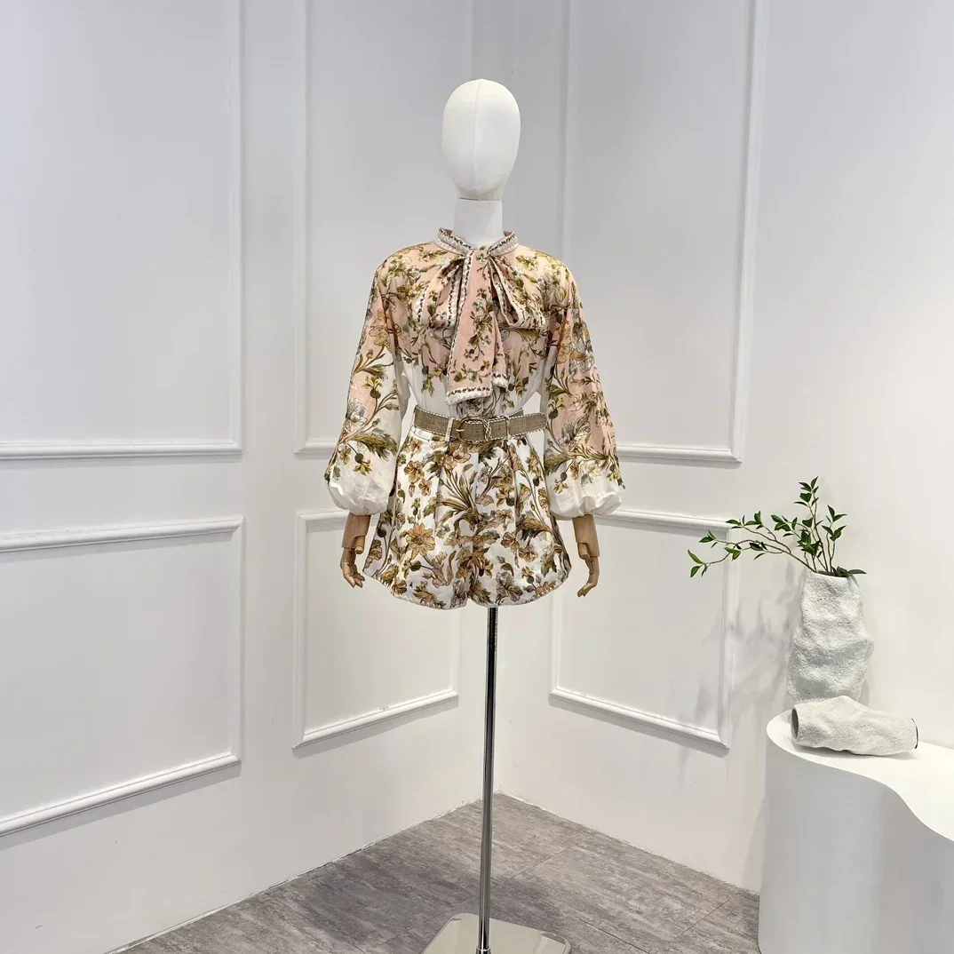 

Ramie 2023 Lace-up New Summer Top Quality Floral Printing Vintage Casual Buttons Belt Lantern Sleeve Top and Shorts Woman Set