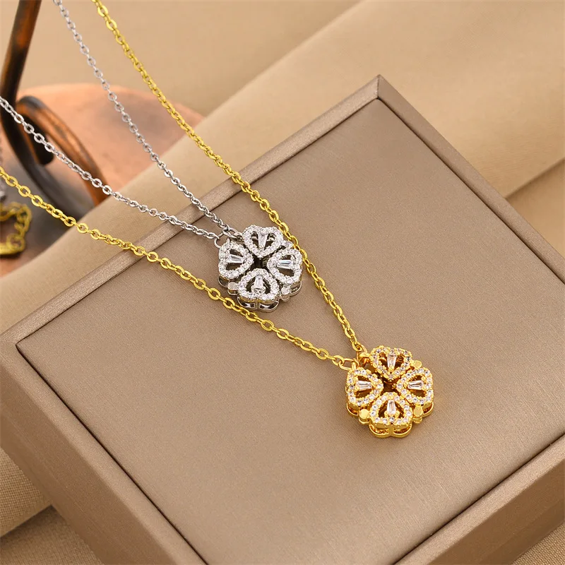 

Necklace for Women New Zircon Heart Female Opening Closing Four-Leaf Clover Stainless Steel Chain Wholesale Mother's Day Gift