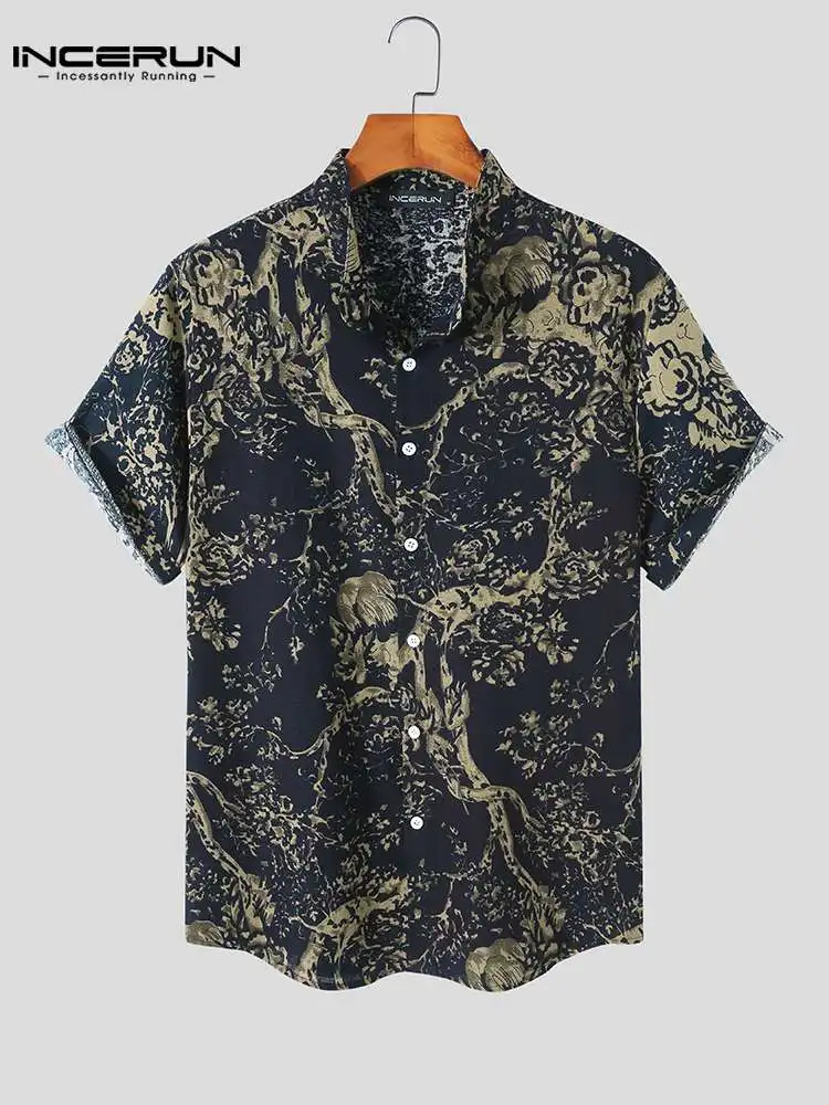 

INCERUN Men Printed Shirt Lapel Short Sleeve Cotton Vintage Harajuku Casual Men Clothing 2022 Button Summer Breathable Camisas
