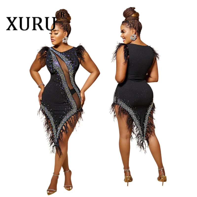 

XURU European and American New Women's Wear Hot Diamond Dress, Sexy Perspective Pearl Feather Dress, Black Party Dress