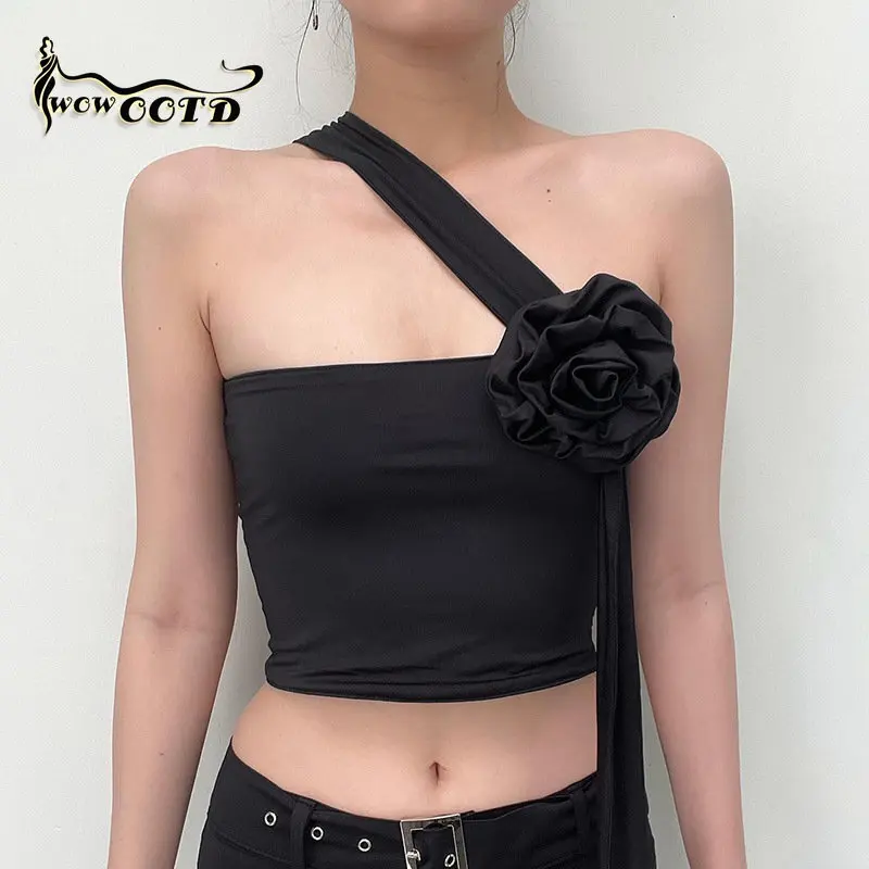 

WOWOOTD Spring Sexy 3D Flowers Women Camis Sleeveless Backless Multi-Ways Bandage Slim Crop Tops Female Black Vest Y2K