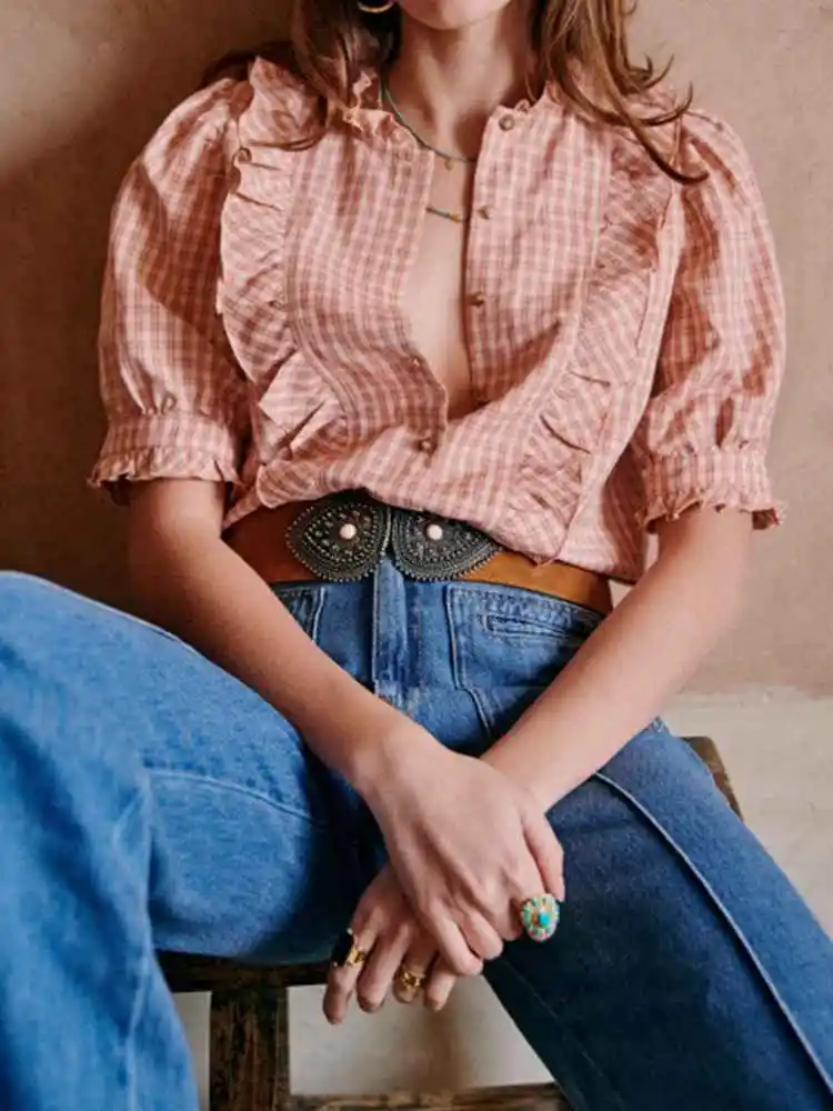 

Summer New Ruffled Pink Check Linen Blend Puff Sleeve Women Short Sleeve Shirt