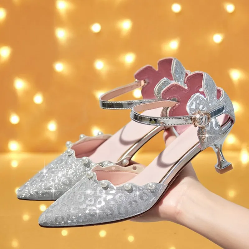 

LeShion Of Chanmeb Sequin Glitter Silver Shoes Women Kitten Heels Bling Gold Pink Bridal Wedding Party Shoes Pearl Buckle Sandal
