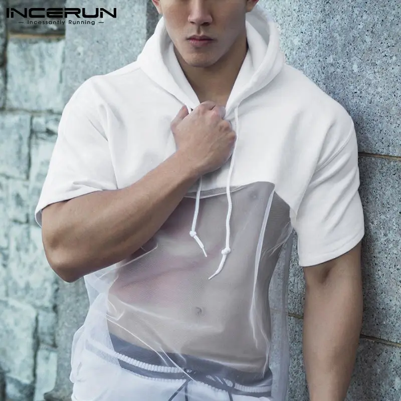 

Топы INCERUN, новинка 2022, мужской повседневный сетчатый прозрачный свитер в американском стиле с капюшоном и прострочкой, Женская толстовка с к...