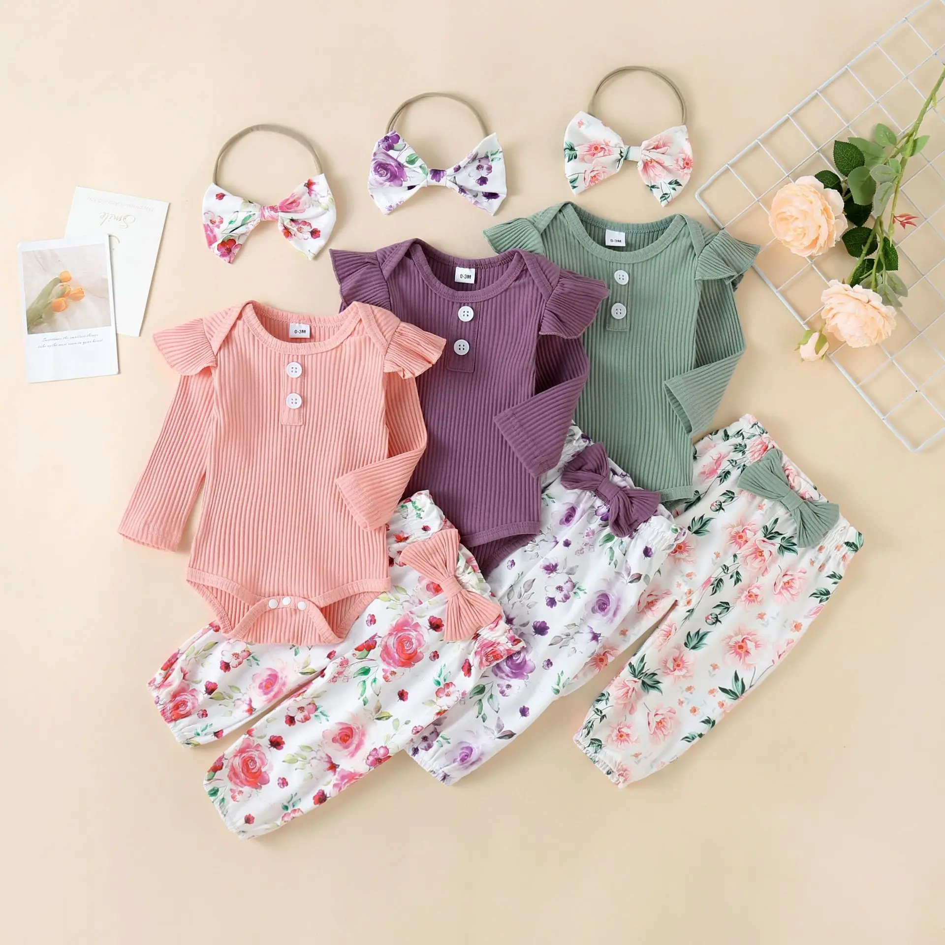 3Pcs Cute Autumn Baby Girl Clothes Sets Infant Newborn Long Sleeve Tops Floral Print Pants Headband Solid Clothing Outfit 03-24M