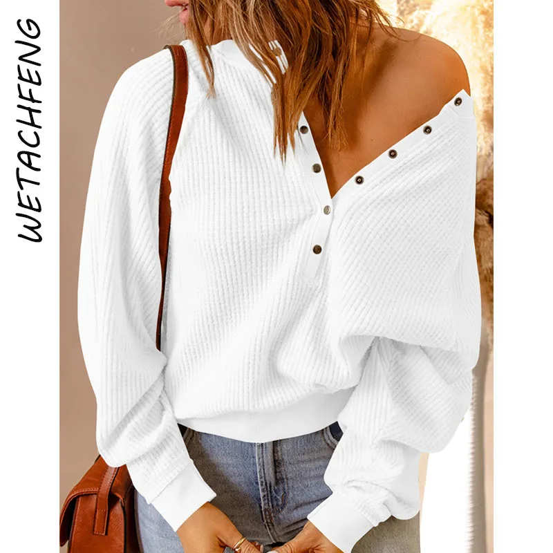 

Autumn Sweatshirts Button Long Sleeve Knitted Pullovers Tops 2022 Fashion Streetwear Casual Loose Female White Hoodies Clothes