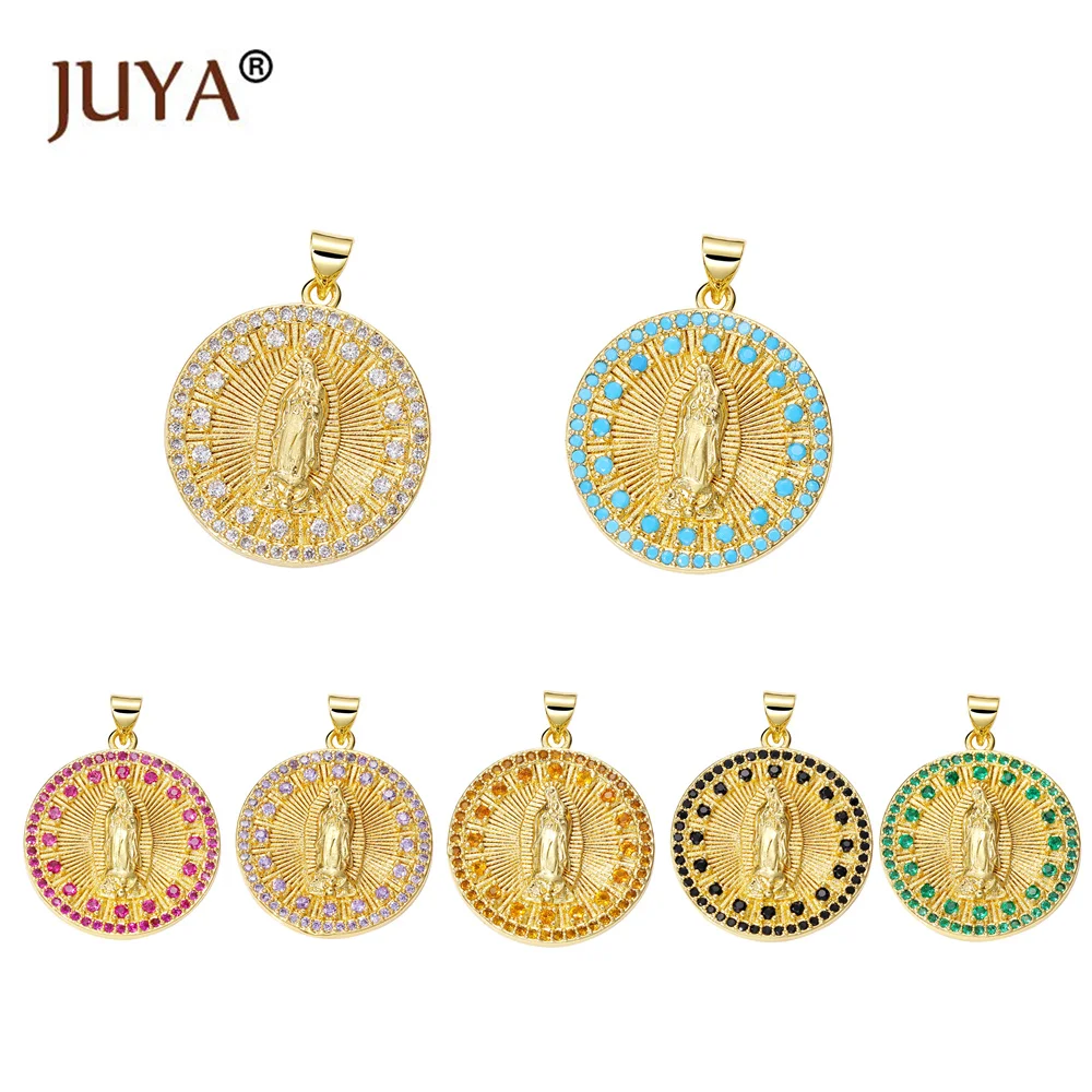

JUYA High Quality Religious Jewelry Copper Micro Inlaid Zircon Round Virgin Mary Pendant Necklace Making Accessories