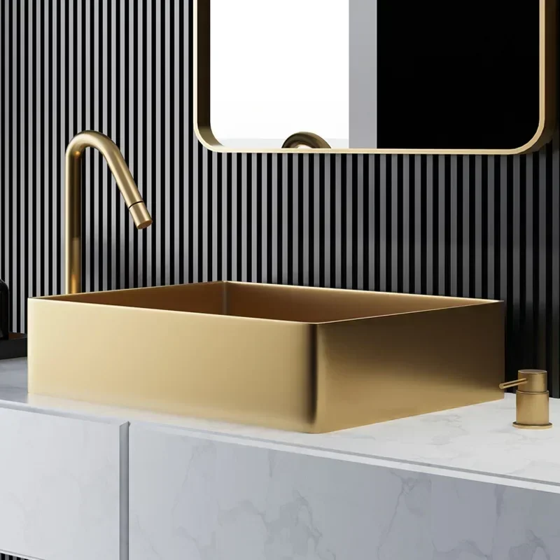 Легкая роскошная золотая прямоугольная настольная раковина из нержавеющей