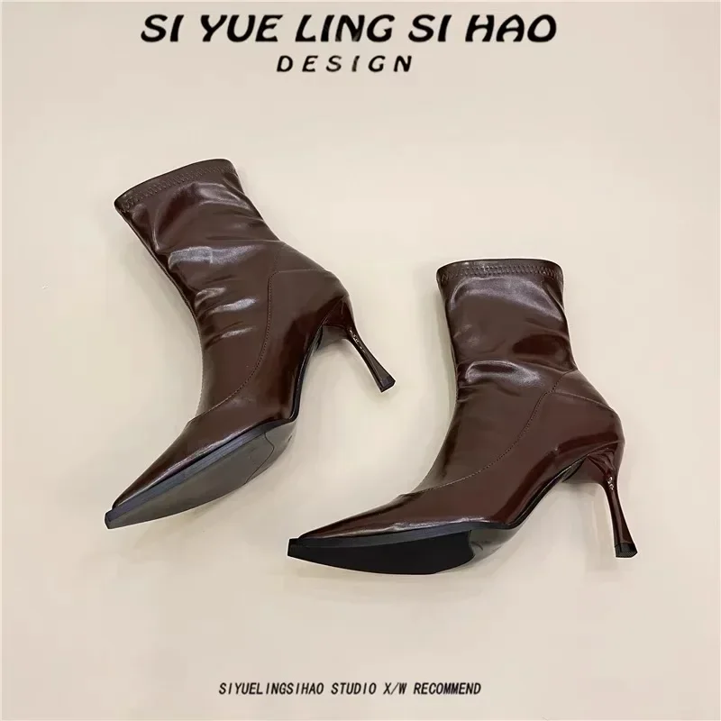 Женские полусапожки на высоком каблуке элегантные с острым носком размер 35-39