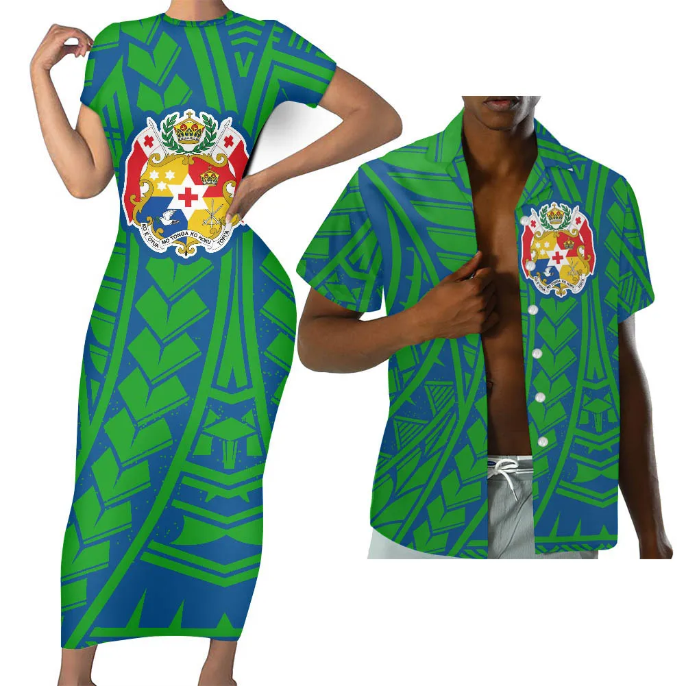 HYCOOL Wholesale Fashion Green Short Sleeve Close-Fitting Bodycon Dress Polynesian Tribal Soft Fabrics Formal Long Tonga Dresses