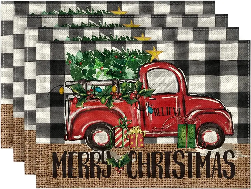 

Buffalo Plaid Truck Merry Christmas Placemats Set of 4 12x18 In Xmas Tree Winter Table Mats for Party Kitchen Dining Decoration
