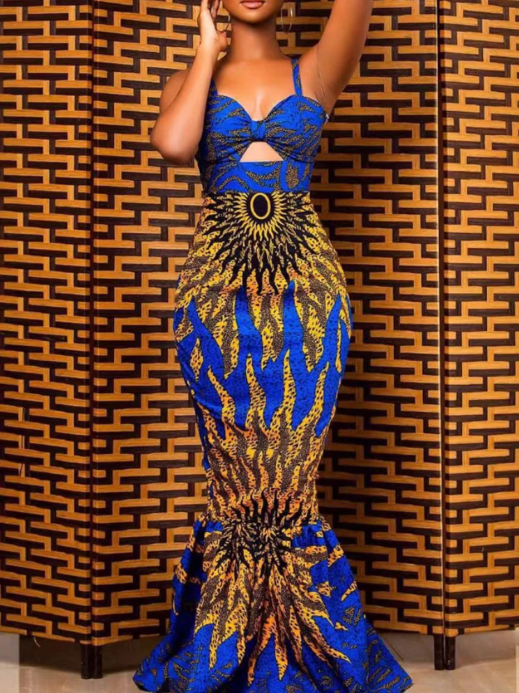 

Printed Long Dresses Sexy Bodycon Spaghetti Strap Summer 2022 Fashion African Gowns Evening Cocktail Club Party Wear Outfits New